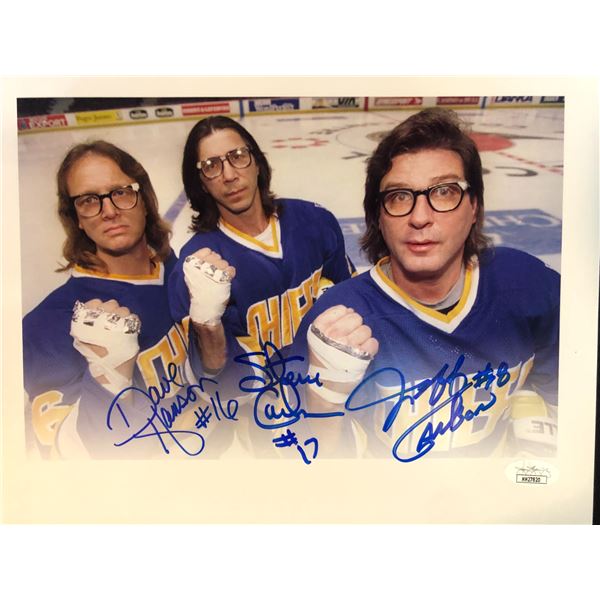 SLAPSHOTS HANSON BROTHERS TRIPLE SIGNED 8X10 PHOTO (JSA HOLO)