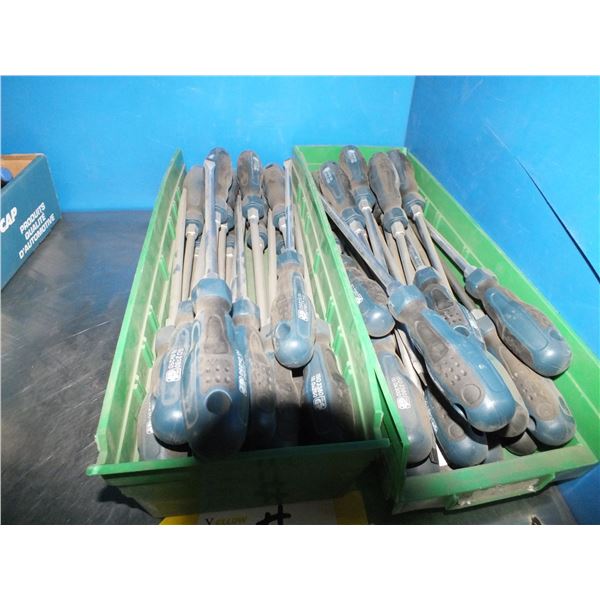 2 Small Bins Of Flat Head Screwdrivers