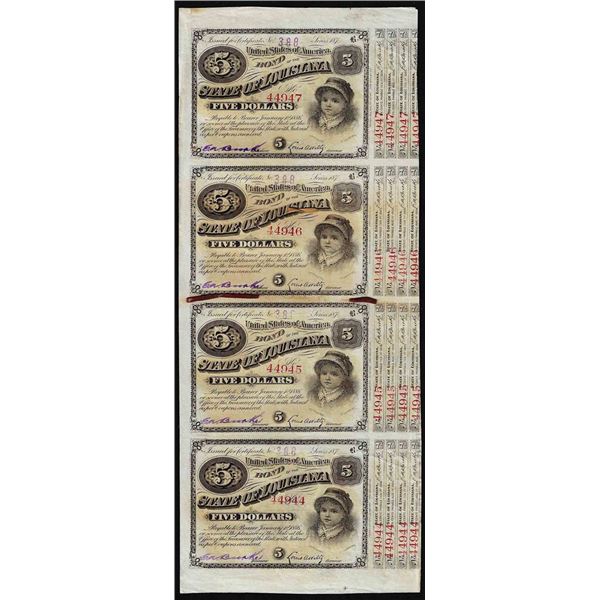 Uncut Sheet of (4) State of Louisiana Baby Bond Obsolete Notes