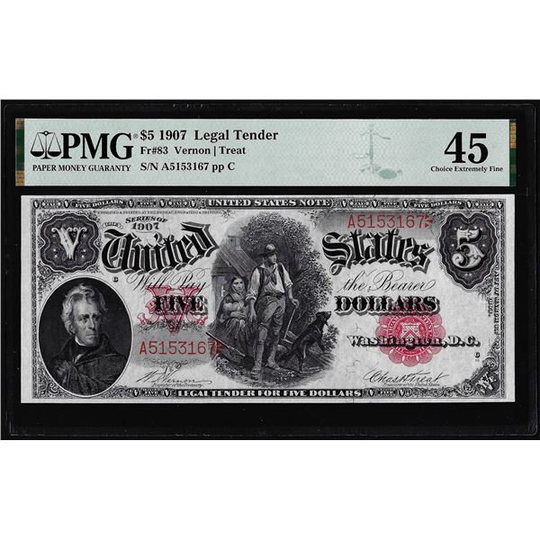 1907 $5 Woodchopper Legal Tender Note Fr.83 PMG Choice Extremely Fine 45