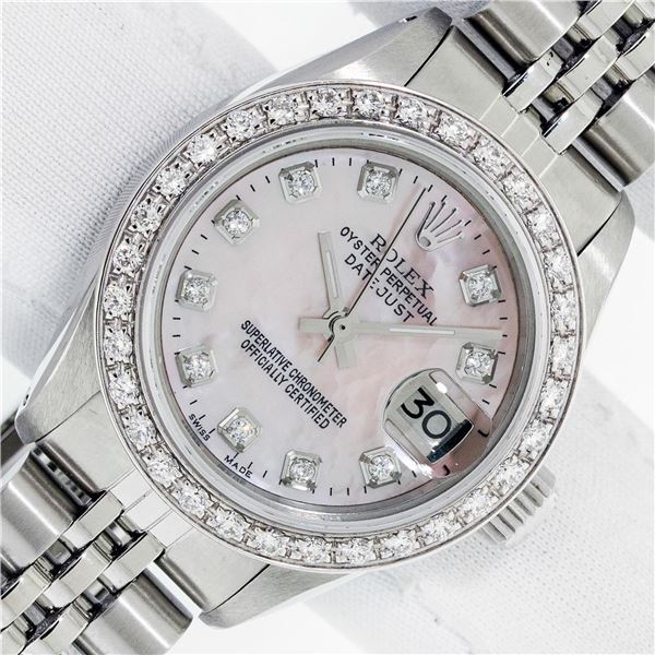 Rolex Ladies Stainless Steel Pink Mother of Pearl Diamond Datejust Wristwatch