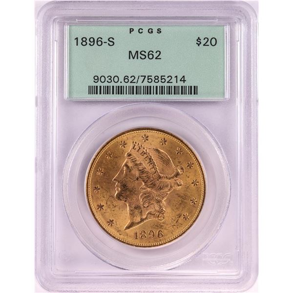 1896-S $20 Liberty Head Double Eagle Gold Coin PCGS MS62 Old Green Holder