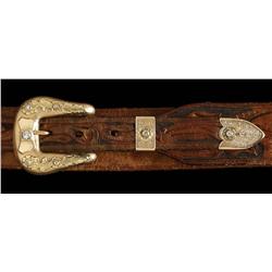 Gold and Diamond 1940s Buckle set on floral carved leather belt