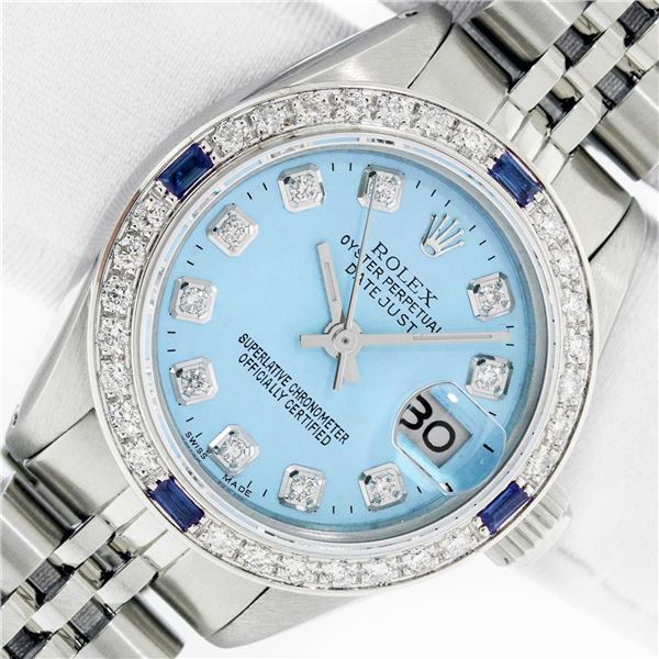 Rolex Ladies Stainless Steel Diamond & Sapphire Datejust Wristwatch