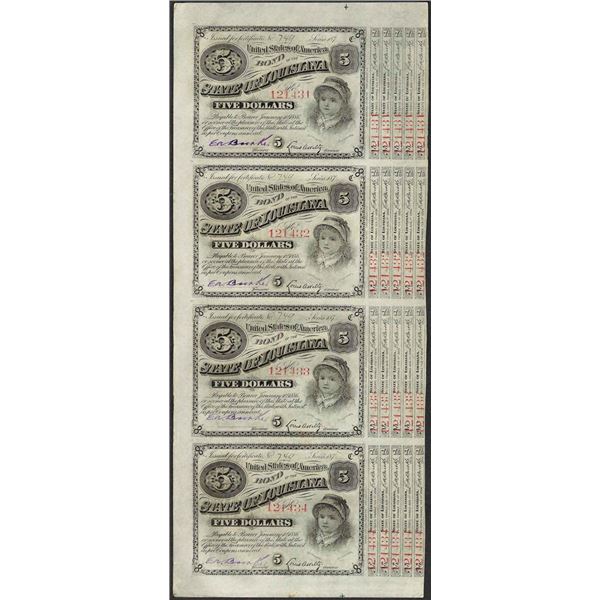 Uncut Sheet of (4) State of Louisiana Baby Bond Obsolete Notes