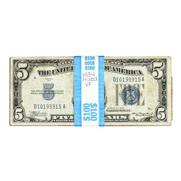 Lot of (20) Mixed Series 1934 $5 Silver Certificate Notes - Very Fine