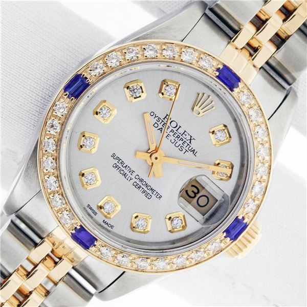 Rolex Ladies Two Tone Silver Diamond and Sapphire Datejust Wristwatch with Rolex Box