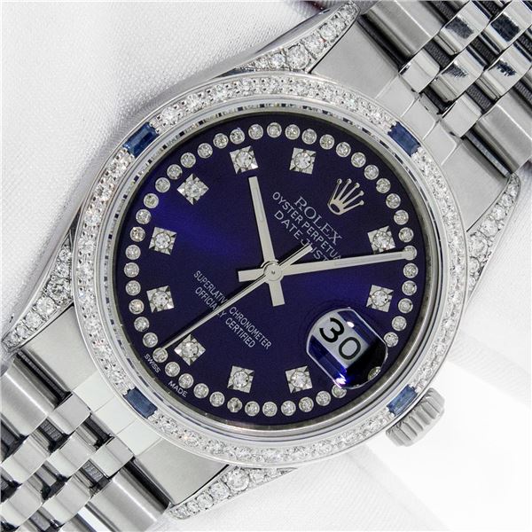 Rolex Men's Stainless Steel Blue String Diamond & Sapphire Datejust Wristwatch
