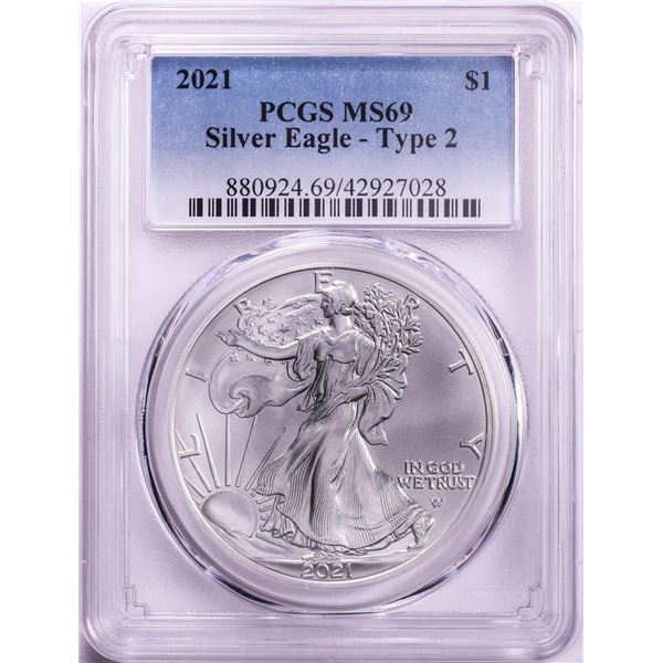 2021 Type 2 $1 American Silver Eagle Coin PCGS MS69