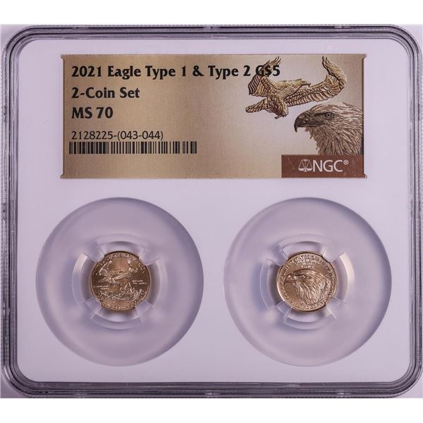 Set of 2021 Type 1 & Type 2 $5 American Gold Eagle Coins NGC MS70