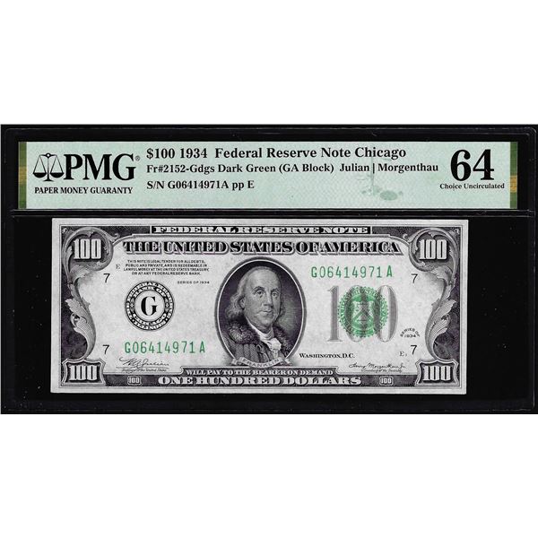 1934 $100 Federal Reserve Note Chicago Fr.2152-Gdgs PMG Choice Uncirculated 64