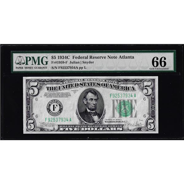 1934C $5 Federal Reserve Note Atlanta Fr.1959-F PMG Gem Uncirculated 66