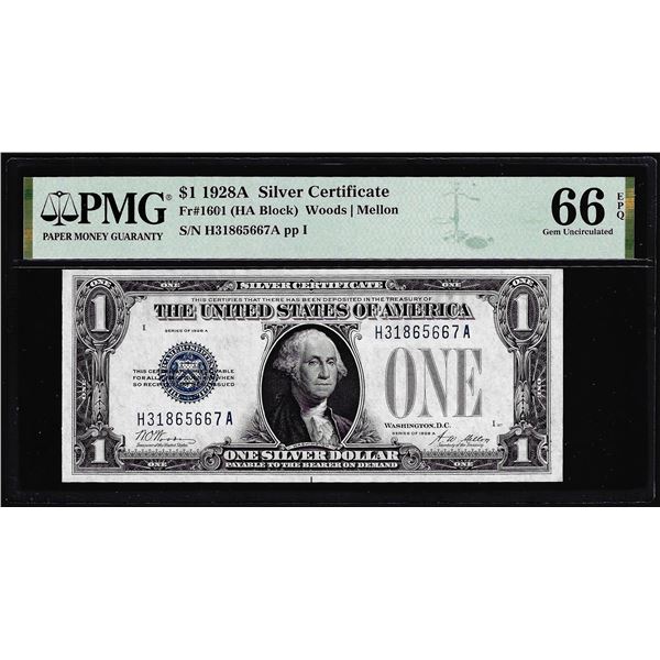1928A $1 Funnyback Silver Certificate Note Fr.1601 PMG Gem Uncirculated 66EPQ