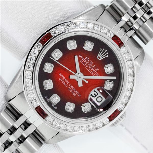 Rolex Ladies Stainless Steel Diamond and Ruby Datejust Wristwatch