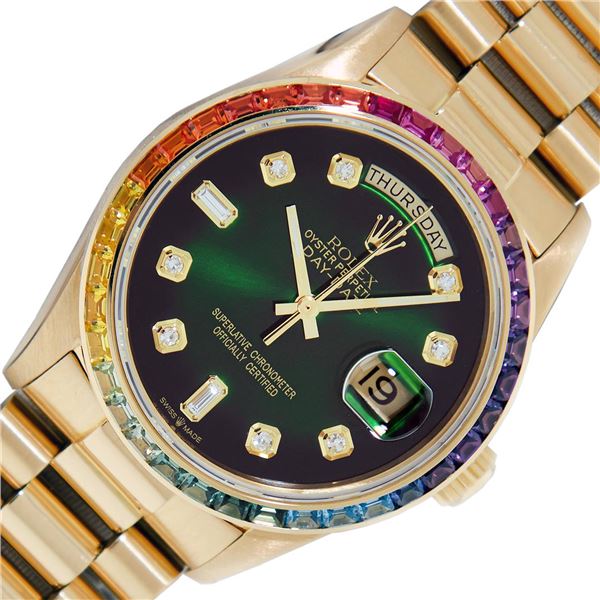 Rolex Men's 18K Yellow Gold Diamond and Gemstone Day Date Presidential Wristwatch