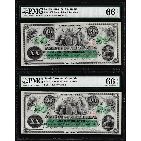 Lot of (2) 1872 $20 State of South Carolina Obsolete Note PMG Gem Uncirculated 66EPQ