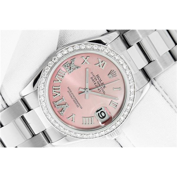 Rolex Midsize Pink Roman Diamond DateJust Watch With Oyster Band and Rolex Box
