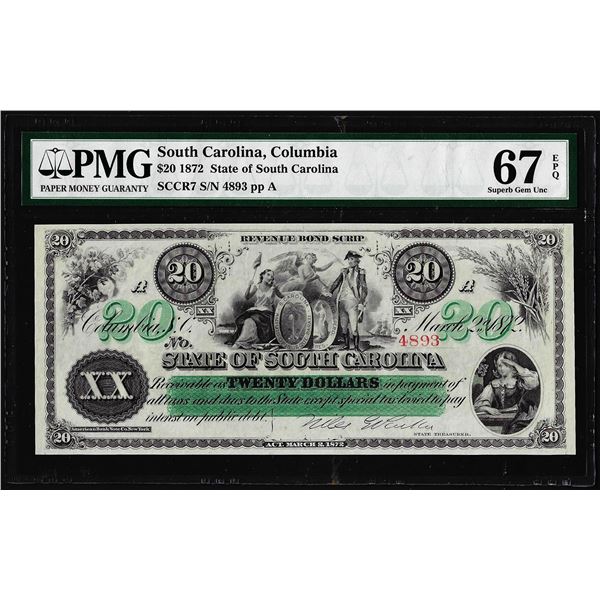 1872 $20 State of South Carolina Obsolete Note PMG Superb Gem Unc 67EPQ