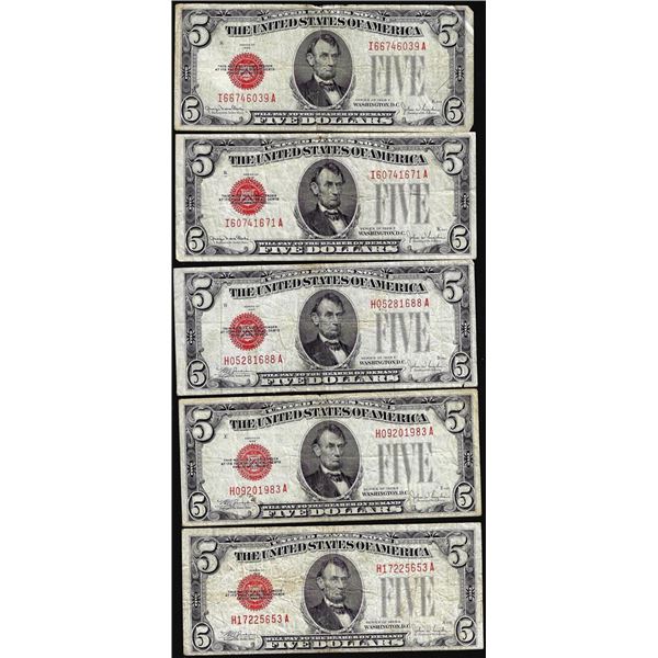 Lot of (5) 1928E/1928F $5 Legal Tender Notes