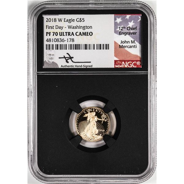 2018-W $5 Proof American Gold Eagle Coin NGC PF70 Ultra Cameo First Day Mercanti Signed