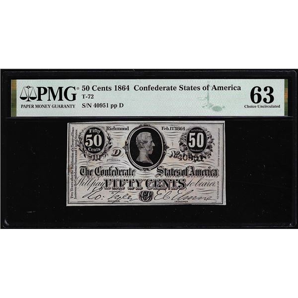 1864 50 Cents Confederate States of America Note T-72 PMG Choice Uncirculated 63