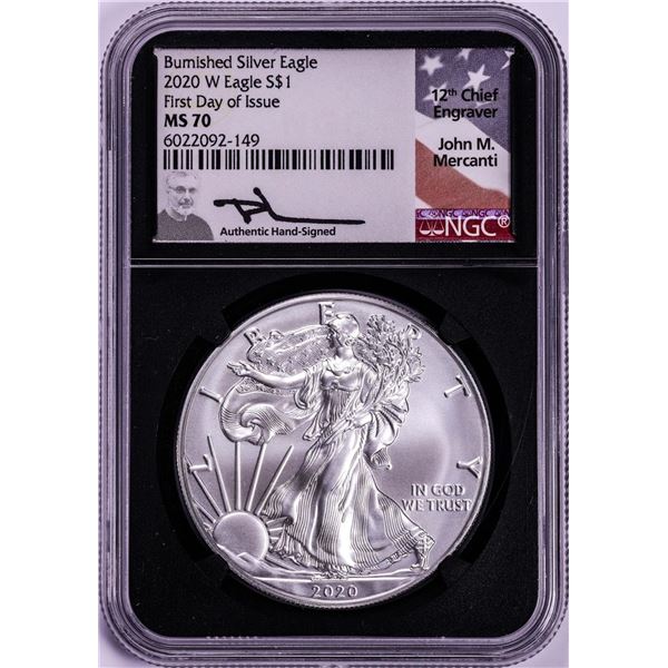 2020-W $1 Burnished American Silver Eagle Coin NGC MS70 Mercanti Signature