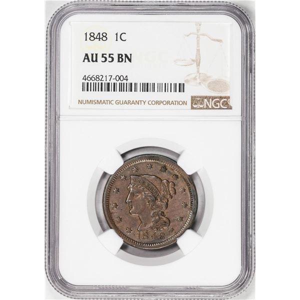 1848 Coronet Head Large Cent Coin NGC AU55BN