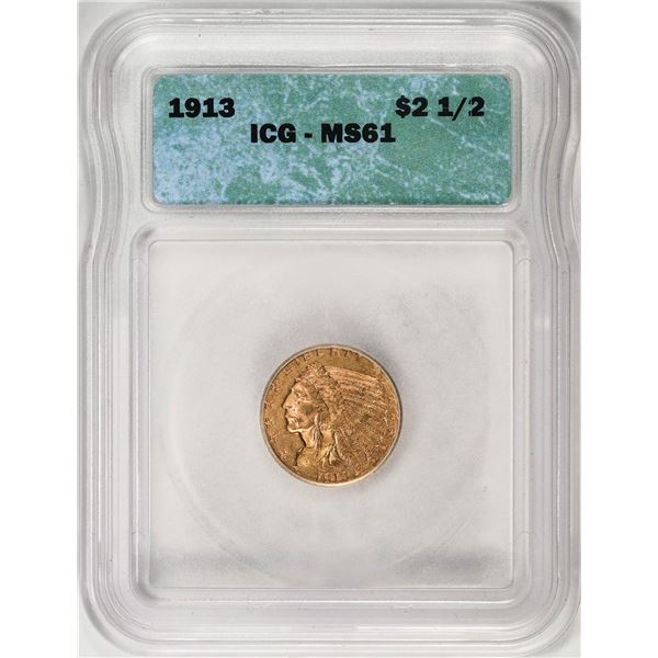 1913 $2 1/2 Indian Head Quarter Eagle Gold Coin ICG MS61