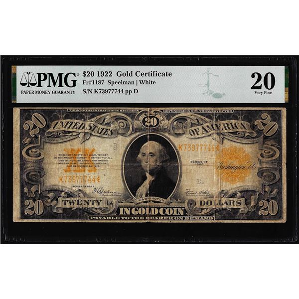 1922 $20 Gold Certificate Note Fr.1187 PMG Very Fine 20