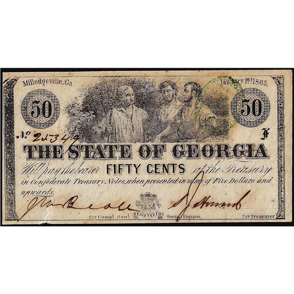 1863 Fifty Cents State of Georgia Milledgeville, GA Obsolete Note