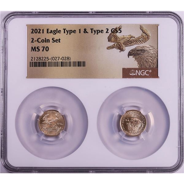 Set of 2021 Type 1 & Type 2 $5 American Gold Eagle Coins NGC MS70