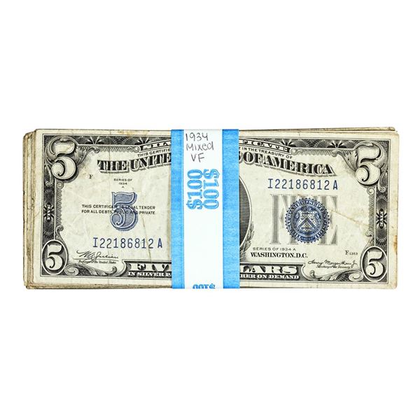 Lot of (20) Mixed Series 1934 $5 Silver Certificate Notes - Very Fine