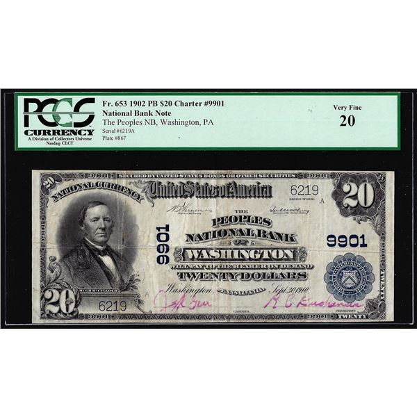 1902PB $20 Peoples NB of Washington, PA CH# 9901 National Currency Note PCGS VF20