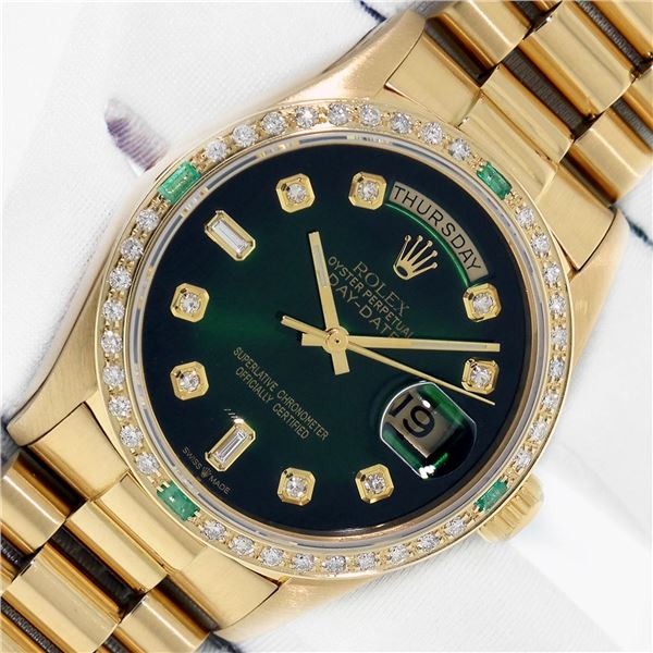 Rolex Men's 18K Yellow Gold Diamond and Emerald President Day Date Wristwatch