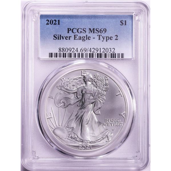 2021 Type 2 $1 American Silver Eagle Coin PCGS MS69