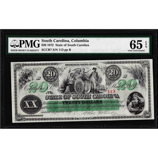 1872 $20 State of South Carolina Obsolete Note PMG Gem Uncirculated 65EPQ