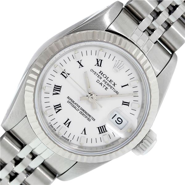 Rolex Stainless Steel White Roman Oyster Perpetual Datejust Wristwatch