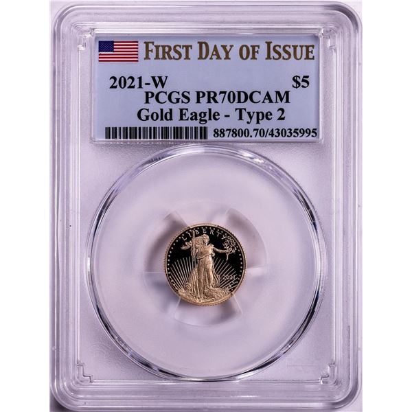 2021-W Type 2 $5 Proof American Gold Eagle Coin PCGS PR70DCAM First Day of Issue