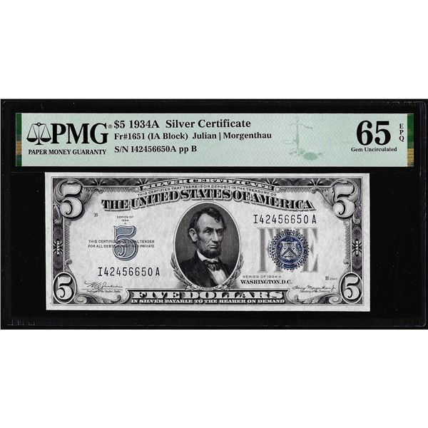 1934A $5 Silver Certificate Note Fr.1651 PMG Gem Uncirculated 65EPQ