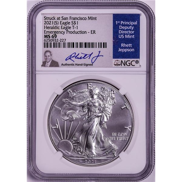 2021(S) Ty. 1 $1 American Silver Eagle Coin NGC MS69 Jeppson Signed Emergency Release