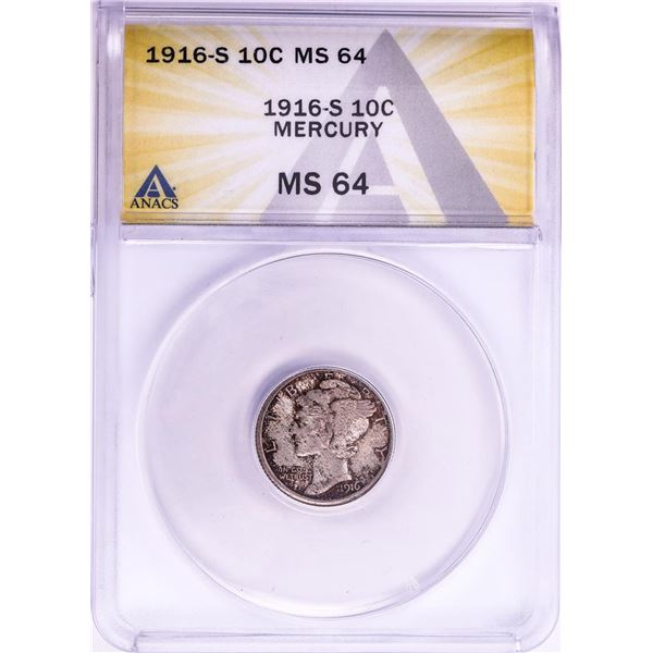 1916-S Mercury Dime Coin ANACS MS64