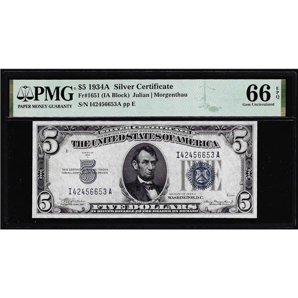1934A $5 Silver Certificate Note Fr.1651 PMG Gem Uncirculated 66EPQ