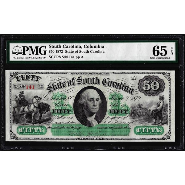 1872 $50 State of South Carolina Obsolete Note PMG Gem Uncirculated 65EPQ