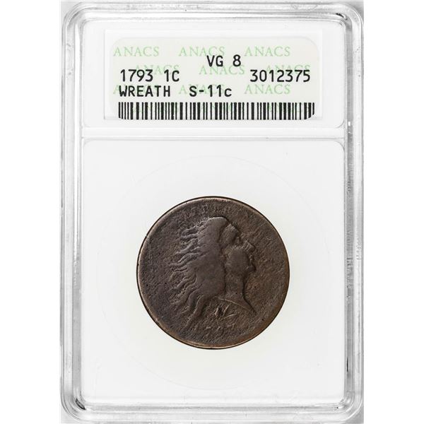 1793 S-11c Wreath Flowing Hair Copper Large Cent ANACS AG Details