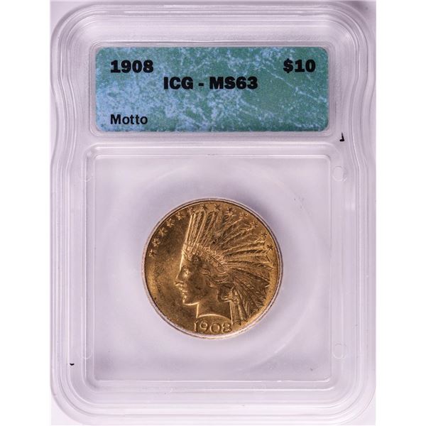 1908 Motto $10 Indian Head Eagle Gold Coin ICG MS63
