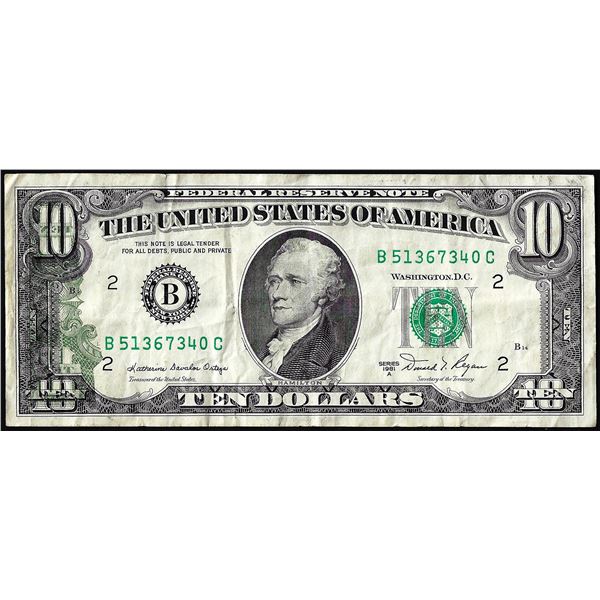 1981A $10 Federal Reserve Partial Offset and Ink Smear Error Note