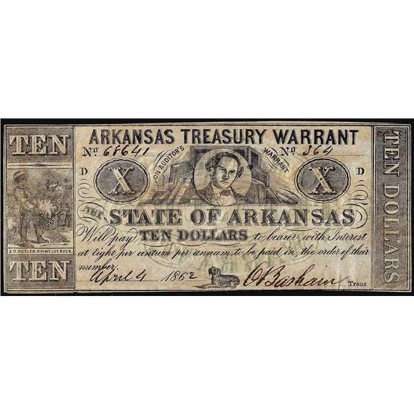 1862 $10 Arkansas Treasury Warrant Little Rock, AR Obsolete Note