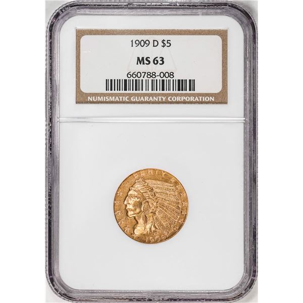 1909-D $5 Indian Head Half Eagle Gold Coin NGC MS63