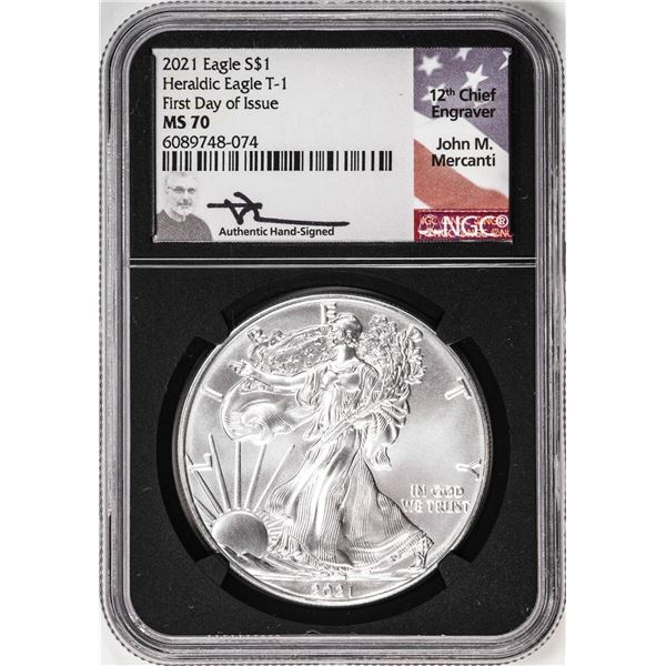 2021 Ty.1 $1 American Silver Eagle Coin NGC MS70 FDOI John Mercanti Signature