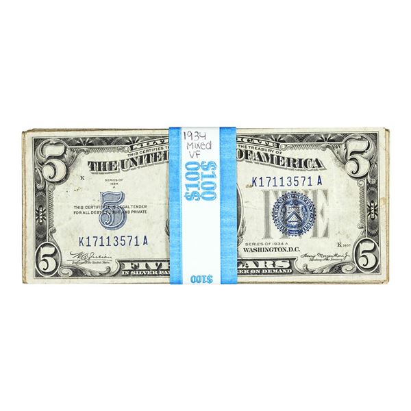 Lot of (20) Mixed Series 1934 $5 Silver Certificate Notes - Very Fine
